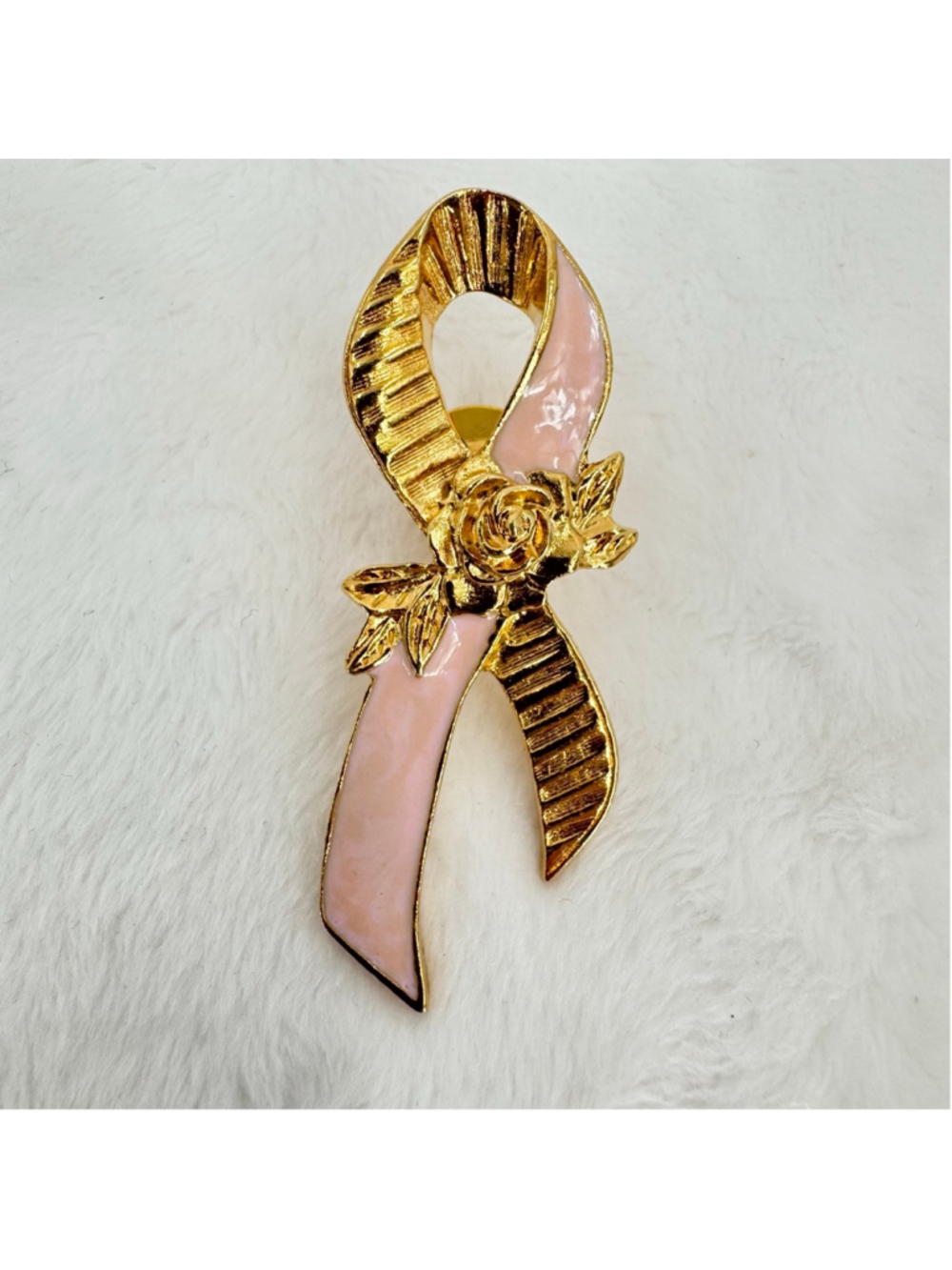 Vintage Avon Brooch Pin Pink Awareness Ribbon with Gold Tone Rose